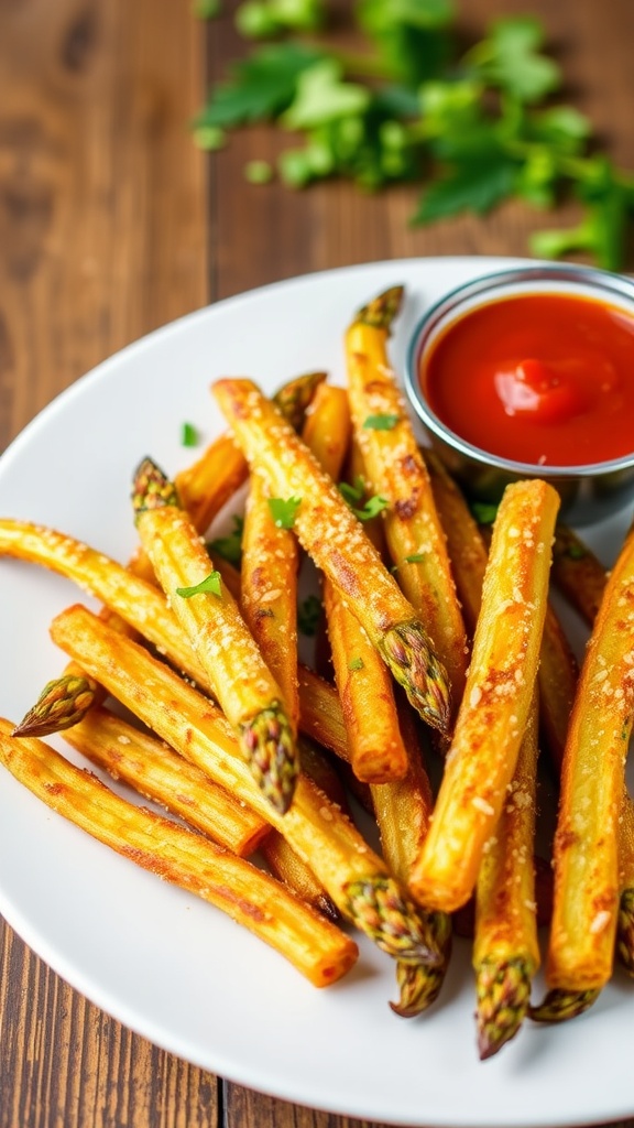 Crispy Parmesan asparagus fries served with marinara sauce on a rustic wooden table.